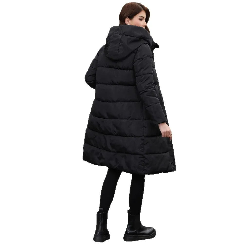 Black hooded slim fit cotton jacket with long sleeves and cold-resistant thickened polyester construction