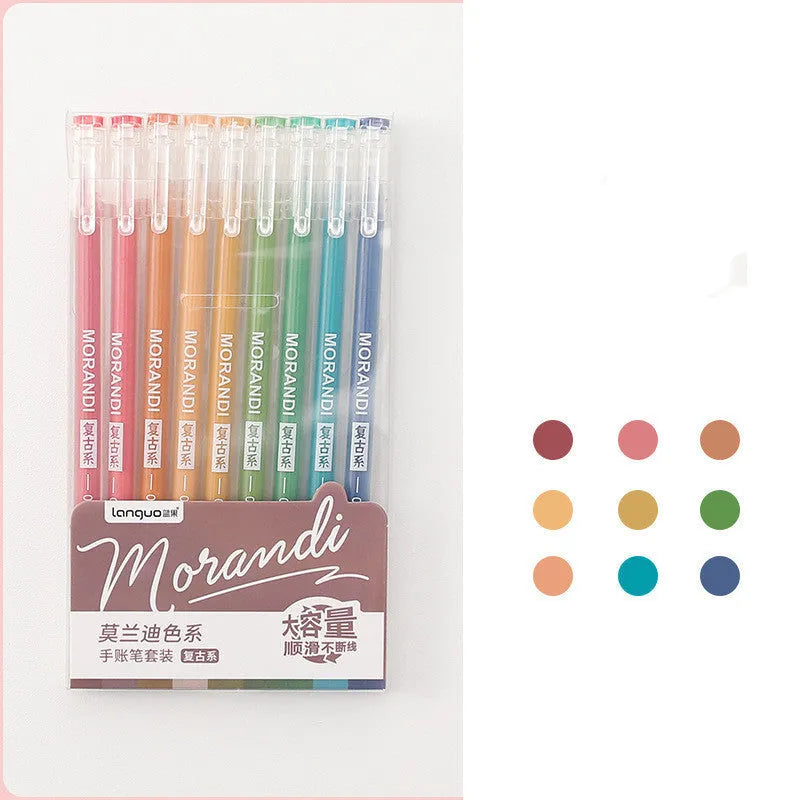 Set of nine retro-style Japanese gel pens with needle tips, shown in a choice of four colour series.