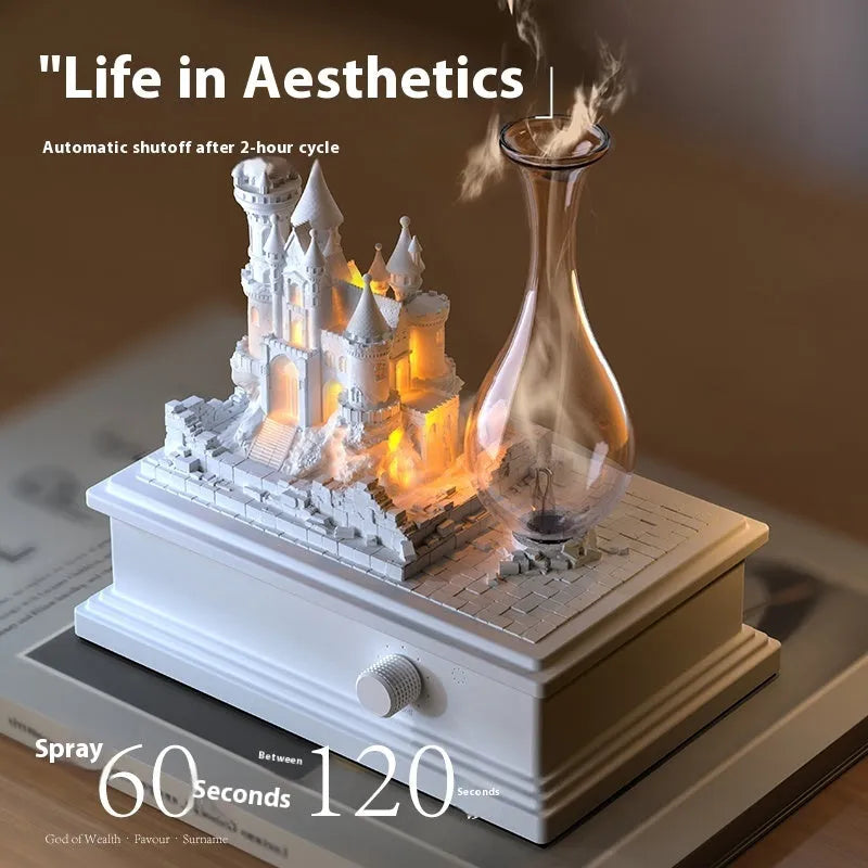 White composite gypsum medieval castle aromatherapy machine with USB charging port on wooden table