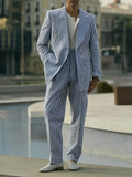 Blue and white striped polyester suit set with blazer and trousers for professional daily wear