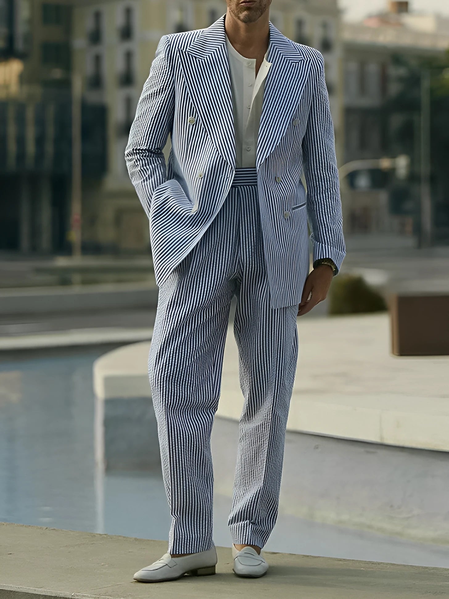 Blue and white striped polyester suit set with blazer and trousers for professional daily wear