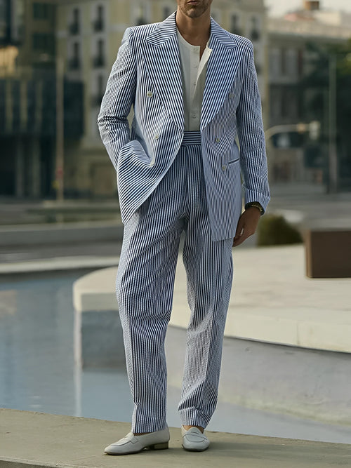 Blue and white striped polyester suit set with blazer and trousers for professional daily wear