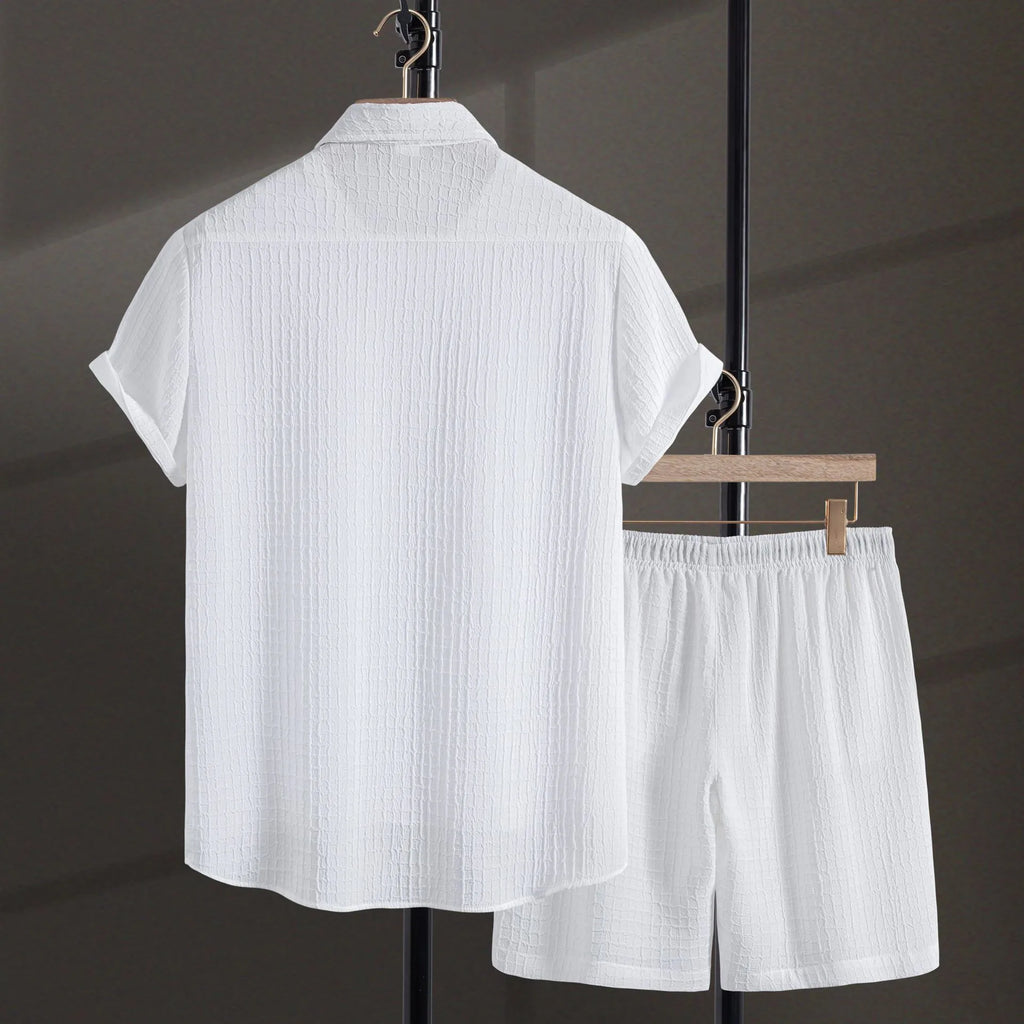 Men's white Jacquard cotton blend shorts suit showing short sleeve shirt and matching shorts