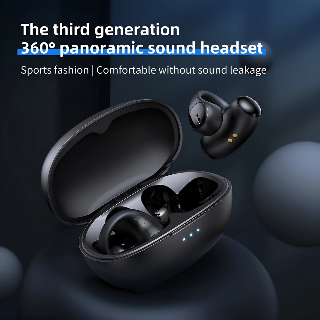 T306 black wireless Bluetooth gaming earphones with clip-on ear-hook design for sports use