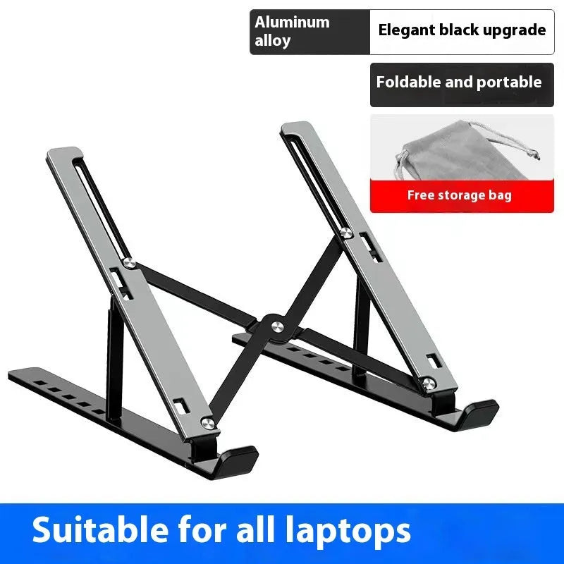 Silver aluminum alloy folding laptop stand supporting a large 18 inch notebook on a desk