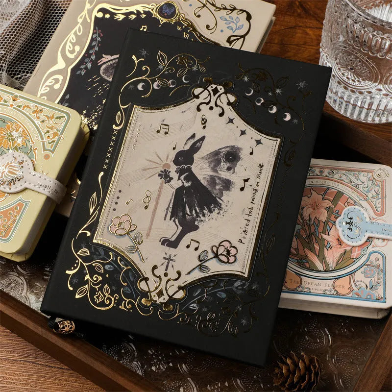 Retro art A5 notebook with gothic style cover designs showing rabbit motifs, forest themes, and fruit patterns