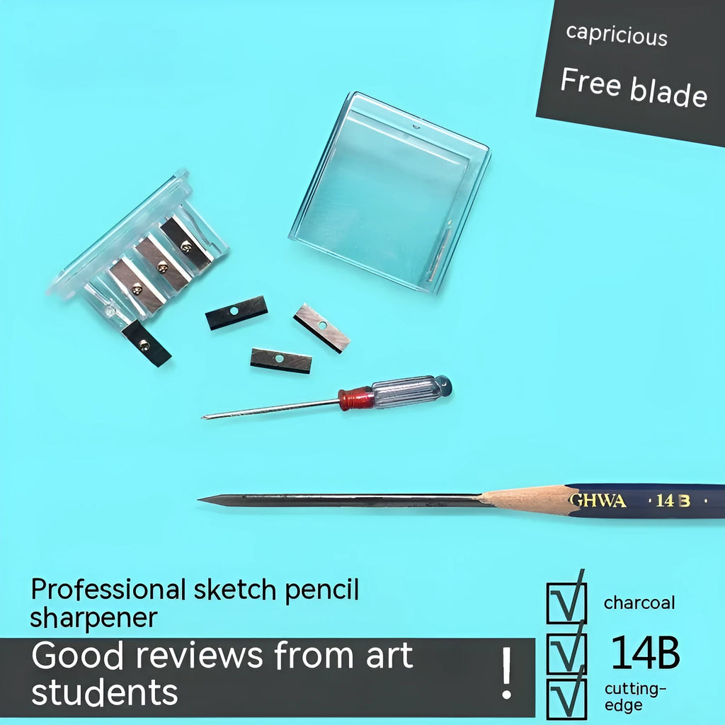 Four-hole plastic pencil sharpener with geometric design and screwdriver for blade replacement