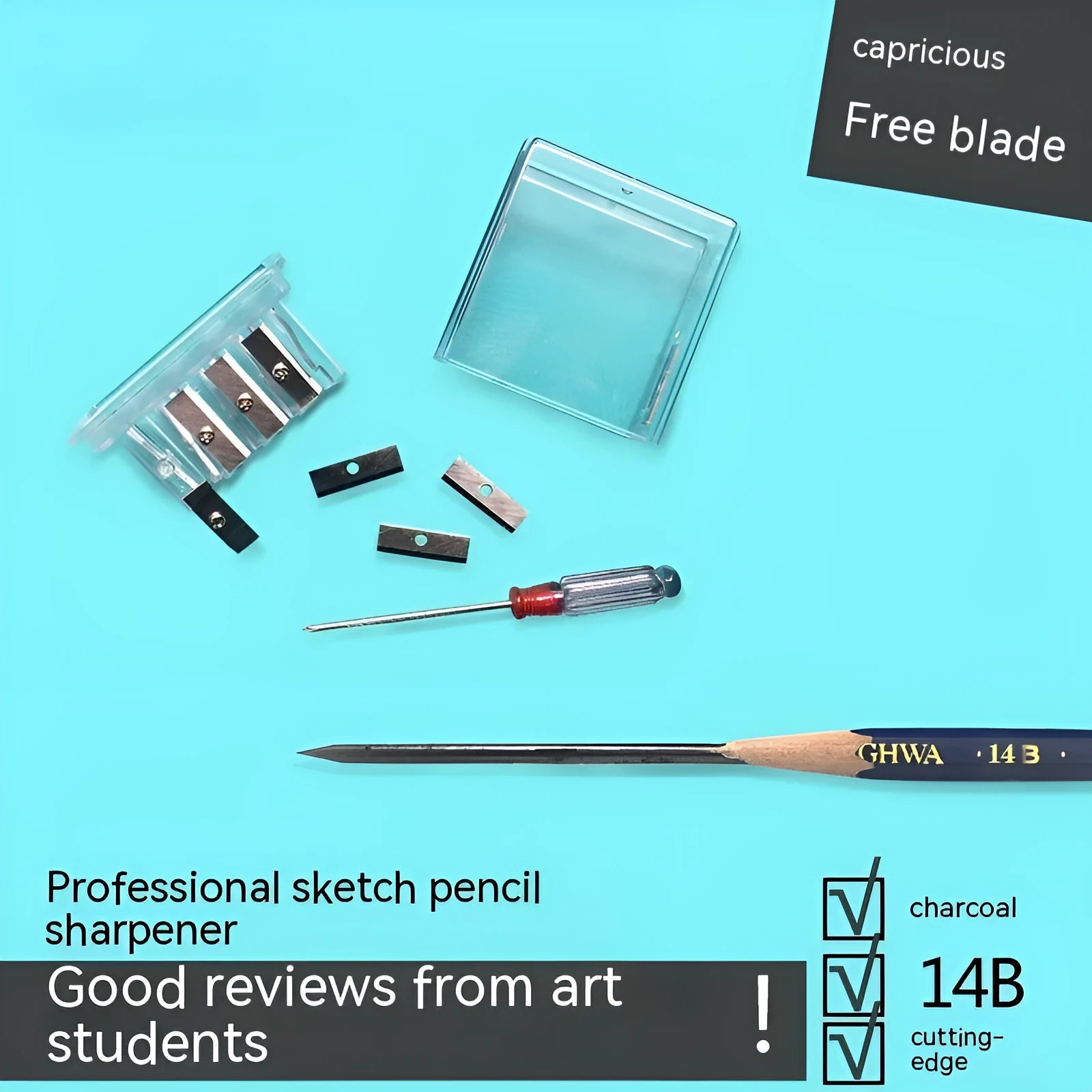 Four-hole plastic pencil sharpener with geometric design and screwdriver for blade replacement