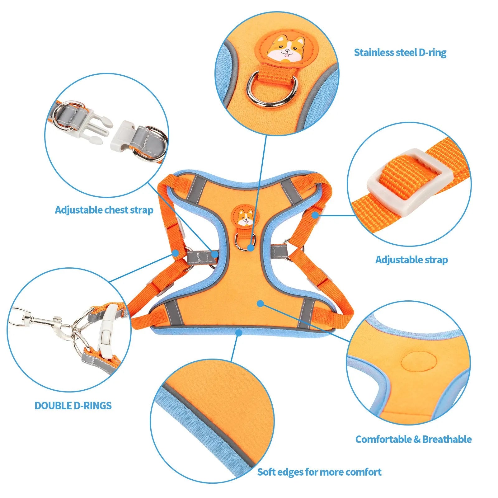 Adjustable dog haulage rope harness in six colours with anti-breaking safety feature