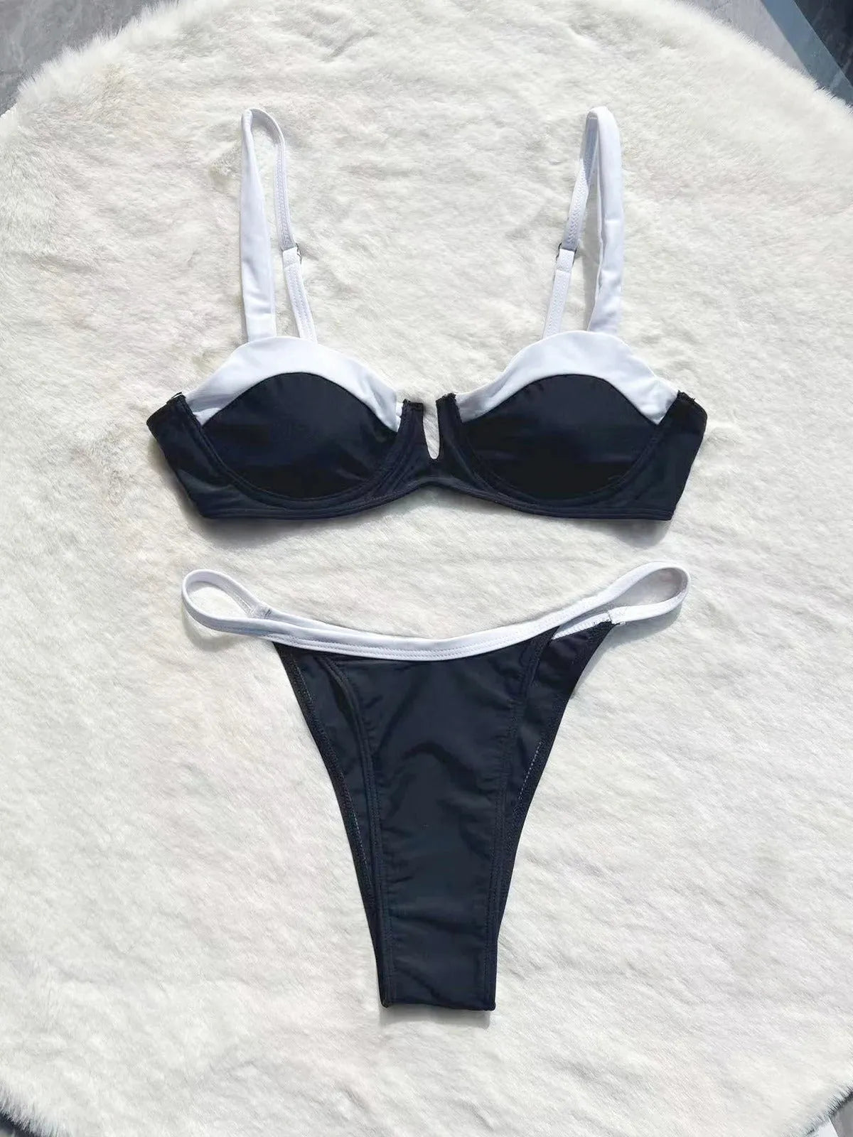 Black low waist bikini with stitching split detail on briefs