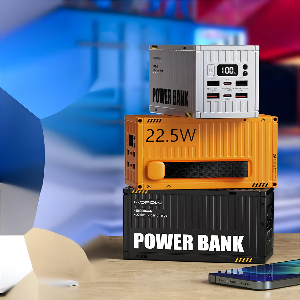 Yellow large capacity 50000mAh power bank with digital display and multiple USB output ports.