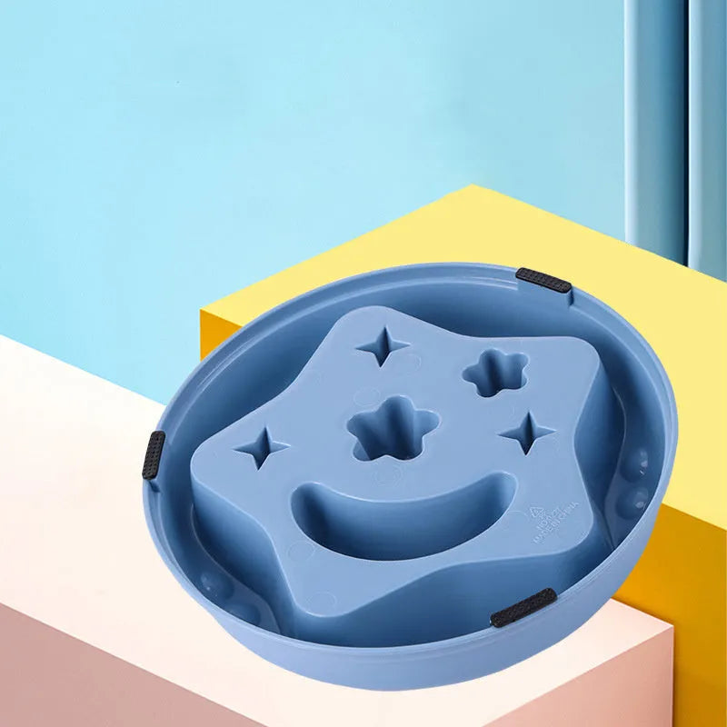 Moon Star Wings ceramic dog slow feeder bowl with raised centre ring and non-slip base in blue, grey, green, pink, or yellow.