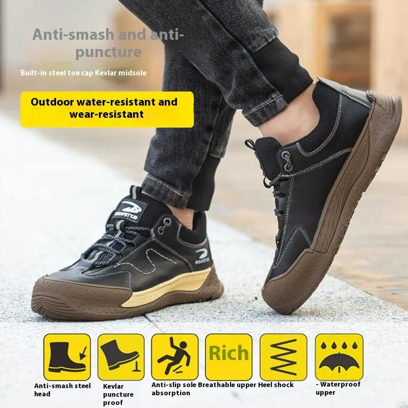 Men's black Flyknit leather work shoes with a safety toe cap and rubber sole on a work site background.