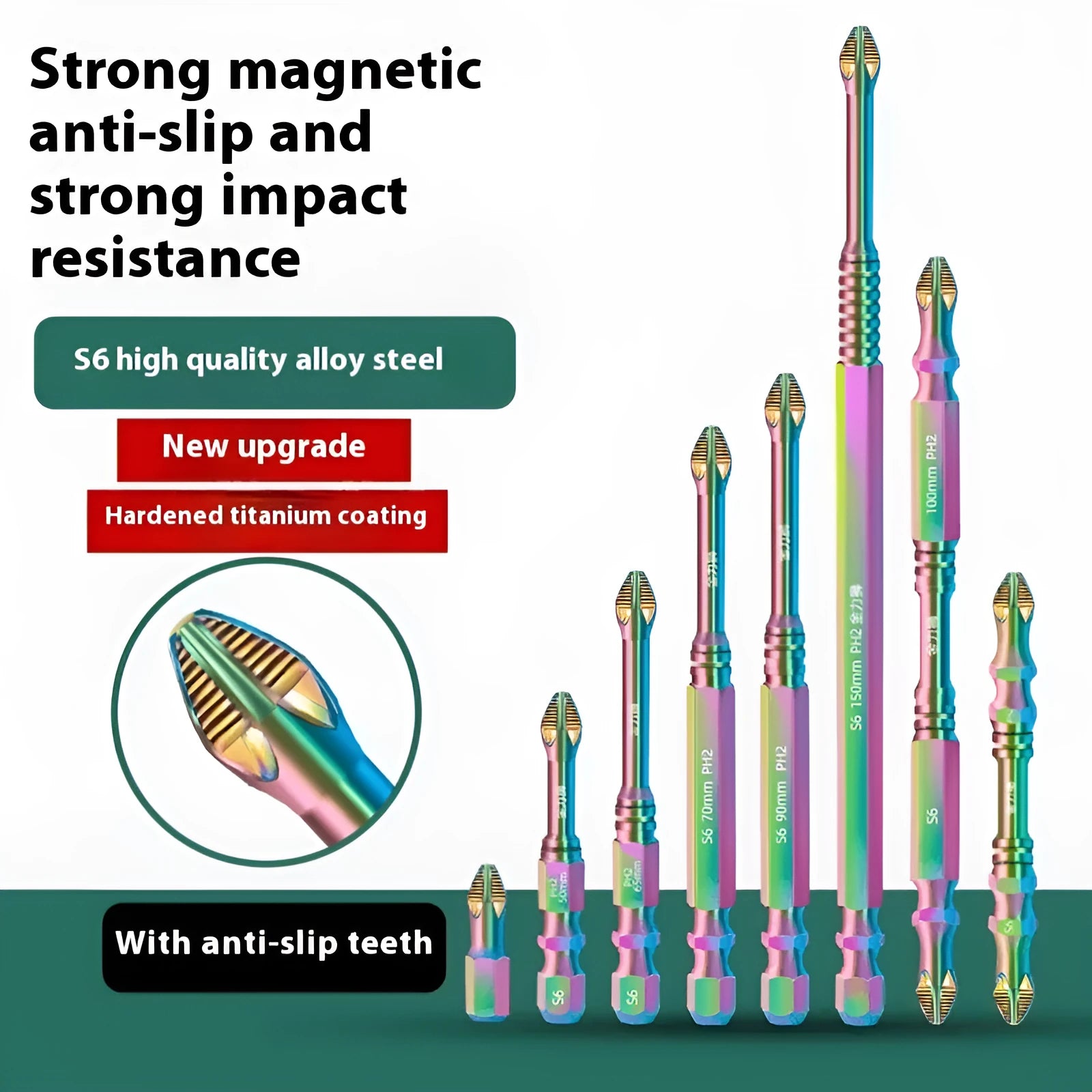 S6 colour titanium anti-slip cross screwdriver head in alloy steel, 50mm length shown