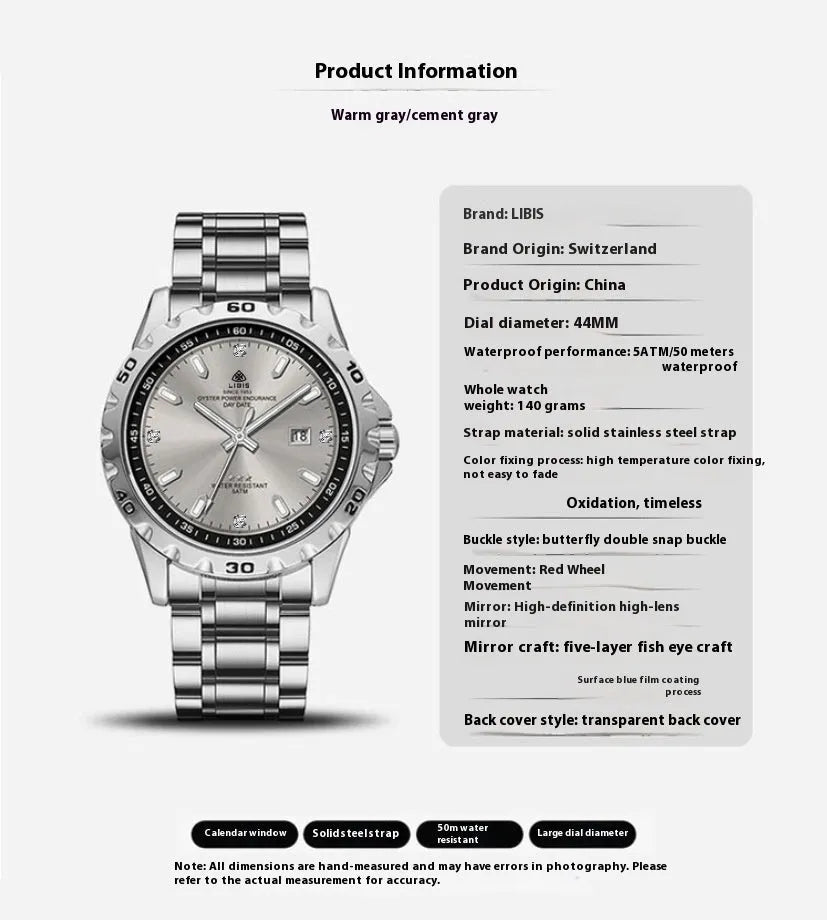 Men's silver case business watch with stainless steel strap and luminous markers on black or grey dial