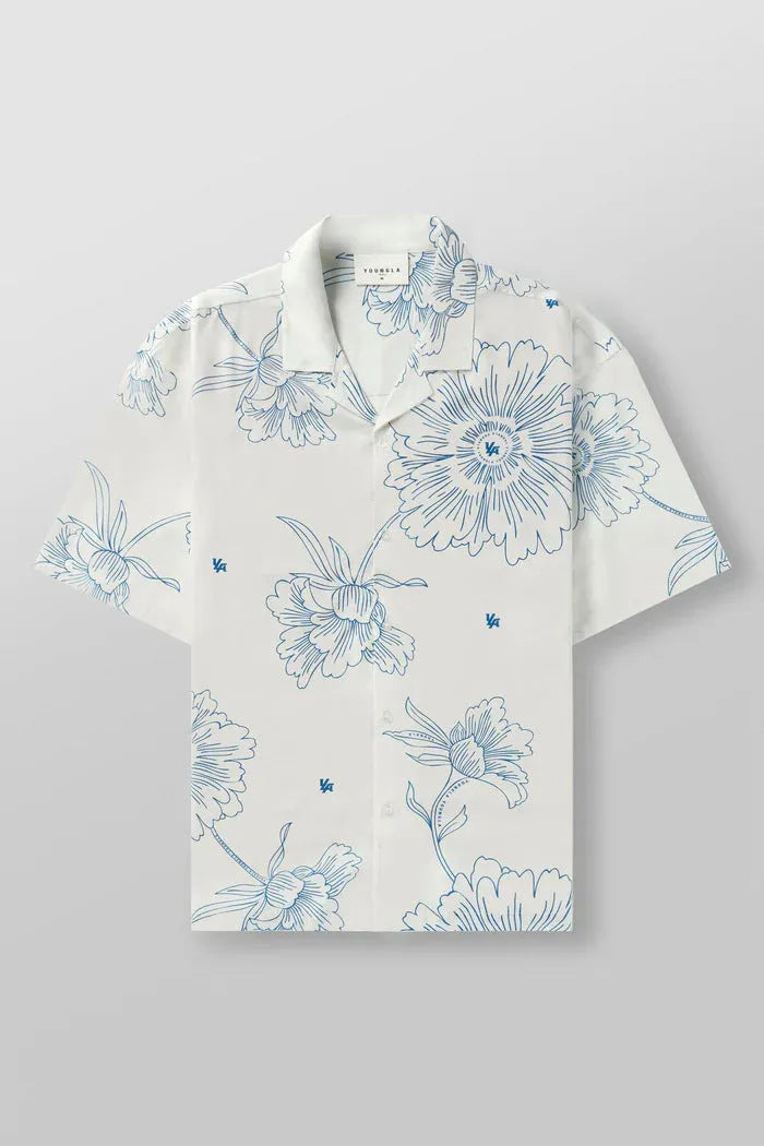 Men's printed casual top with flower pattern, loose cardigan style, and short sleeves in elastic polyester fabric