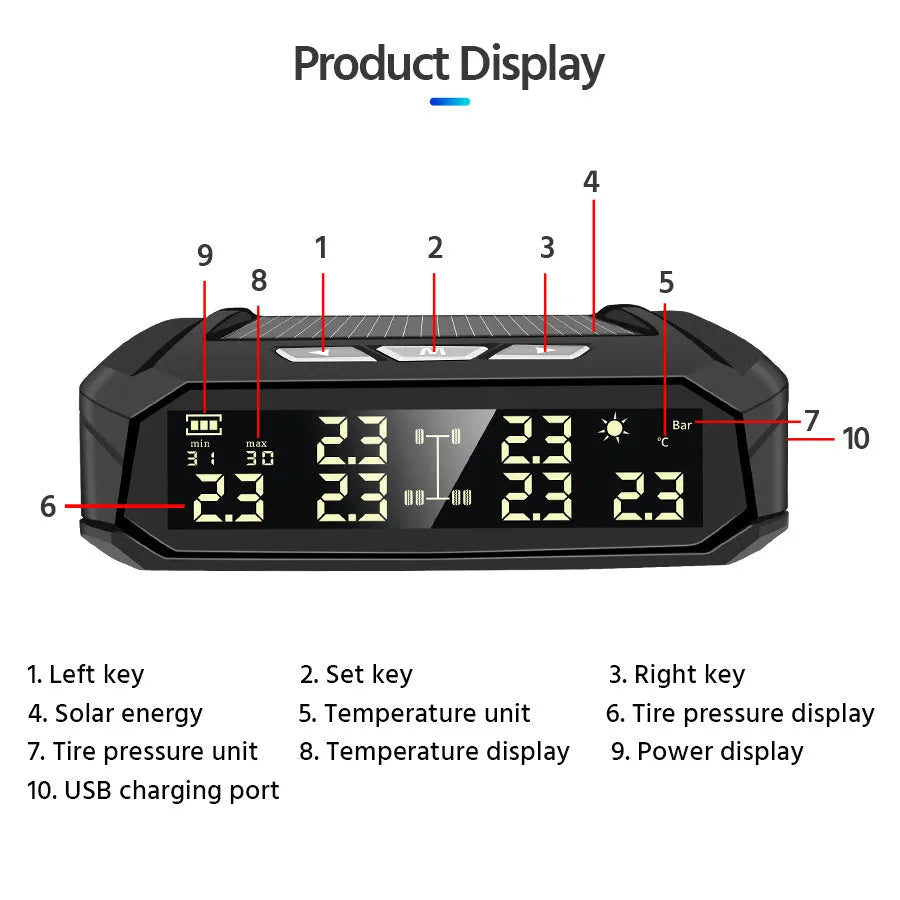 Solar external tyre pressure monitor for six tyres with colour LCD display and wireless sensors
