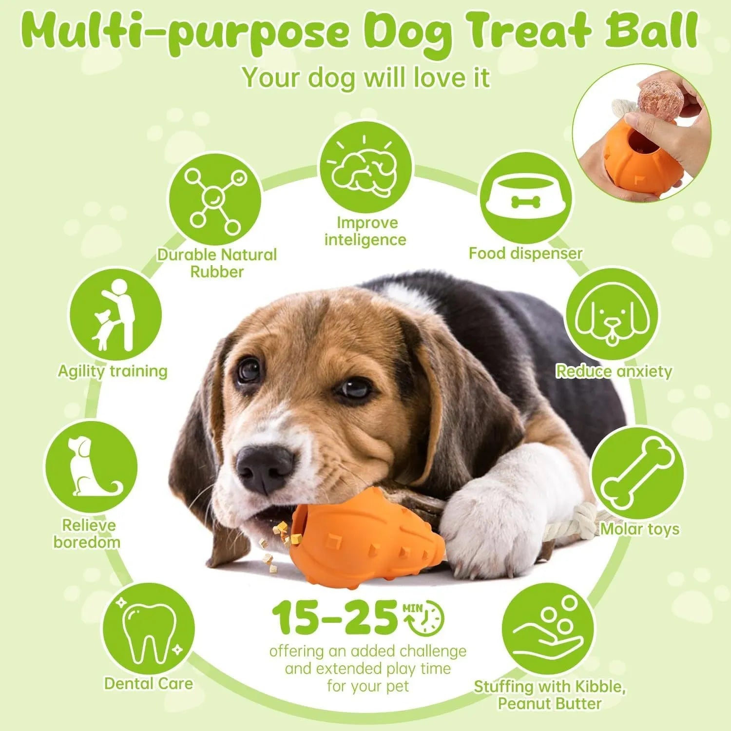 Natural rubber interactive dog toy with treat hole and strap for small and medium breed dogs