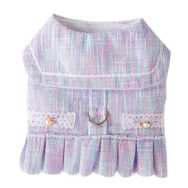 Purple and pink polyester pet clothing for small dogs and cats, showing sizes S, M, L, and XL.