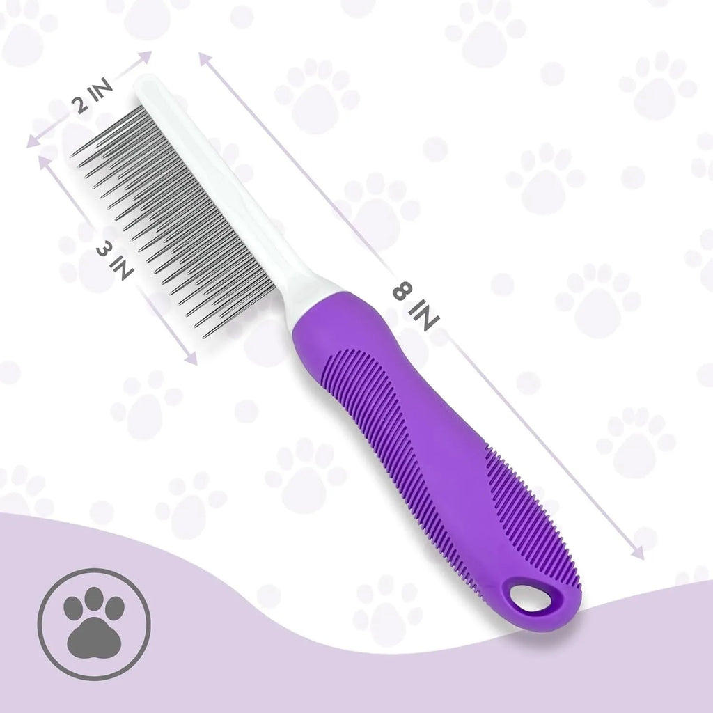 Purple pet grooming comb with stainless steel long and short teeth on a purple ergonomic handle.