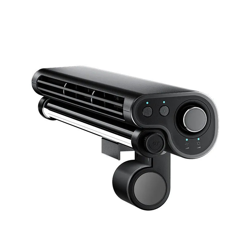 Black bladeless USB clip fan with LED light mounted on laptop screen showing compact design