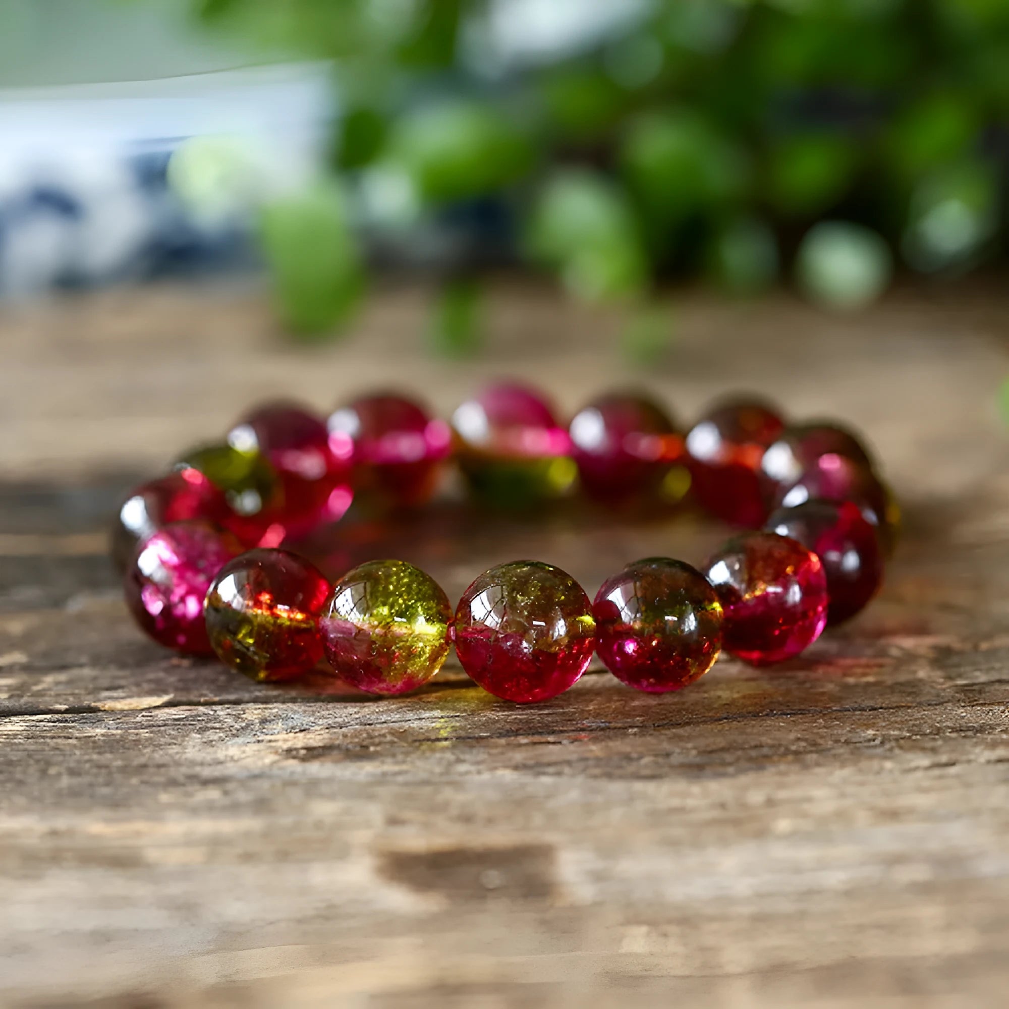 Handmade watermelon crystal bracelet with pastoral design elements on female wrist