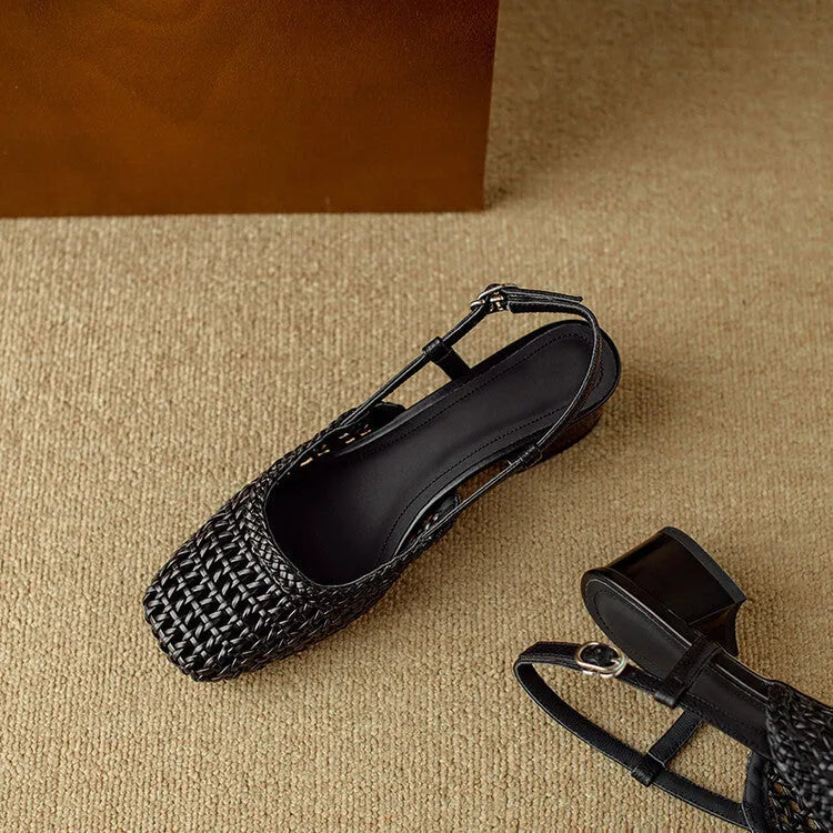 Women's woven hollow-out sandals with chunky heel and adjustable buckle in beige colour
