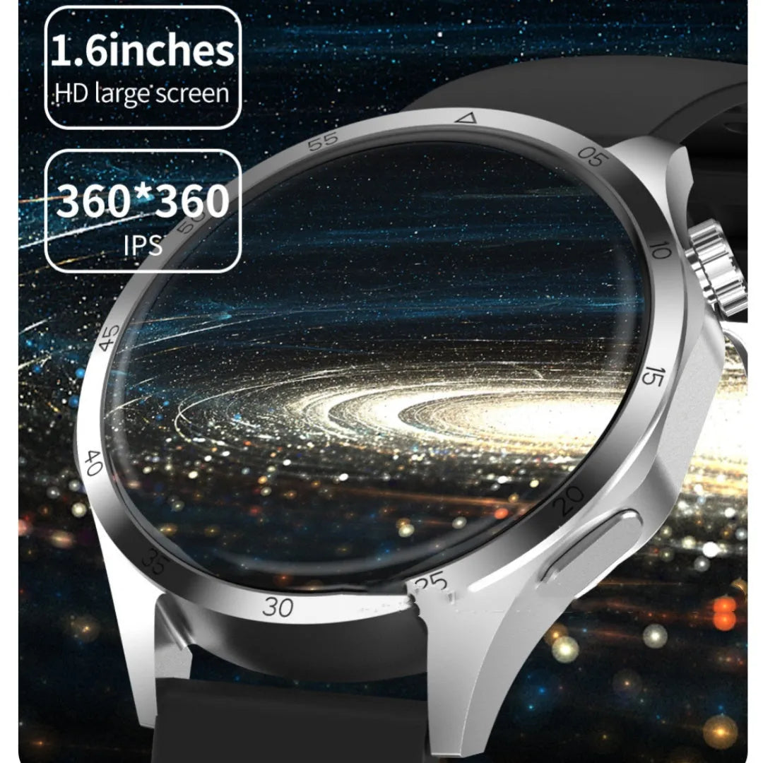 Black smartwatch with Bluetooth calling and health monitoring functions on a silicone strap.