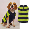 Grey acrylic dog sweater on a mannequin, showing horizontal zipper and button pocket.