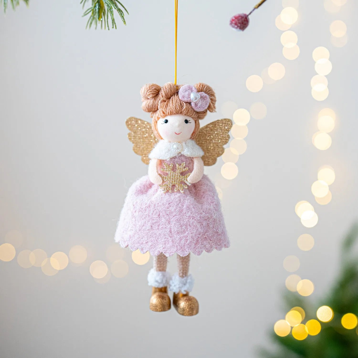 Pink and white Christmas angel wings plush pendant made from cloth material with modern simplicity design