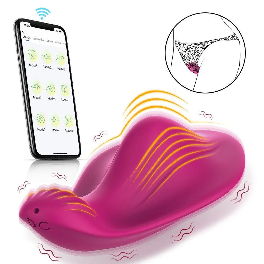 Rose Red female massager with cute butterfly shape featuring wireless APP control and USB charging port
