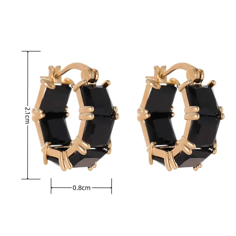 Geometric U-shaped gold-plated copper earrings with round elements and zircon accents in black, pink or white