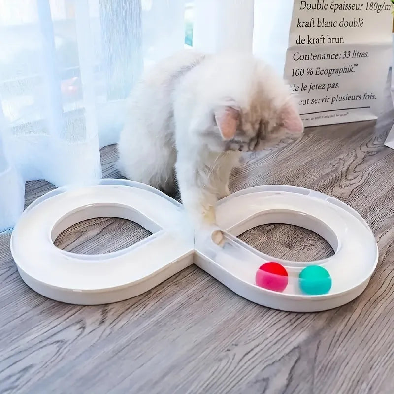 Blue rotating cat turntable toy with track ball and teasing stick measuring 50cm long
