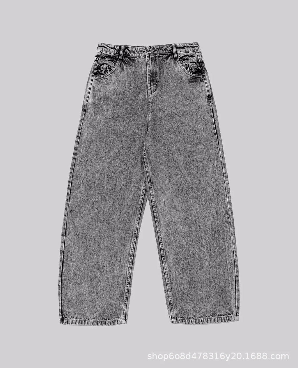 Grey loose fit straight leg denim trousers for men and women laid flat