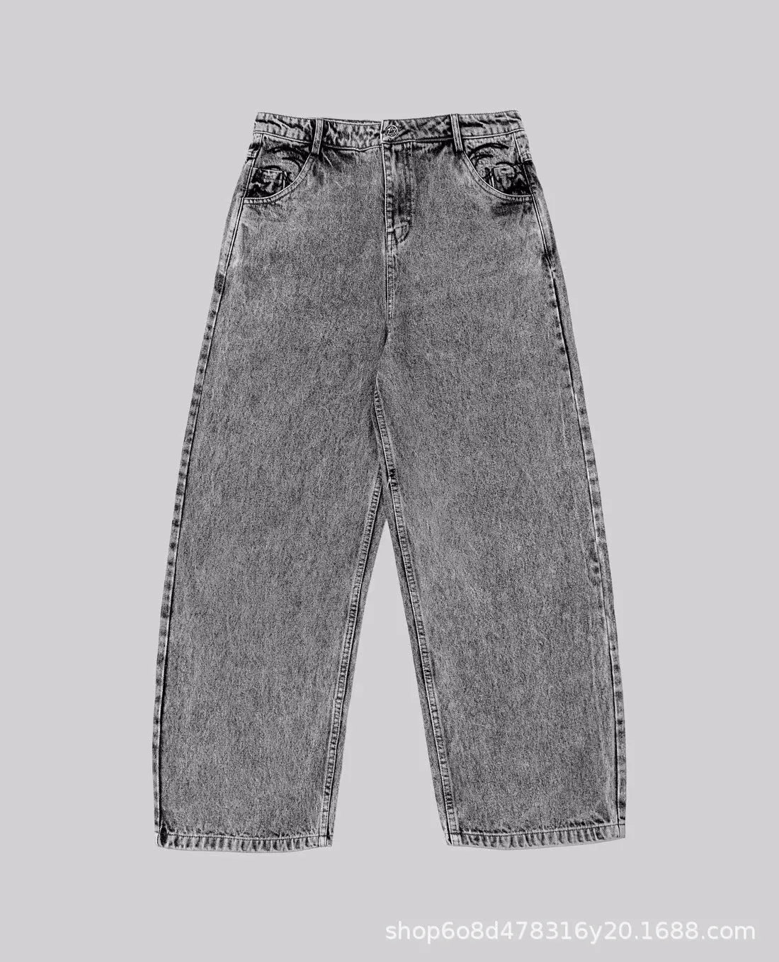 Grey loose fit straight leg denim trousers for men and women laid flat