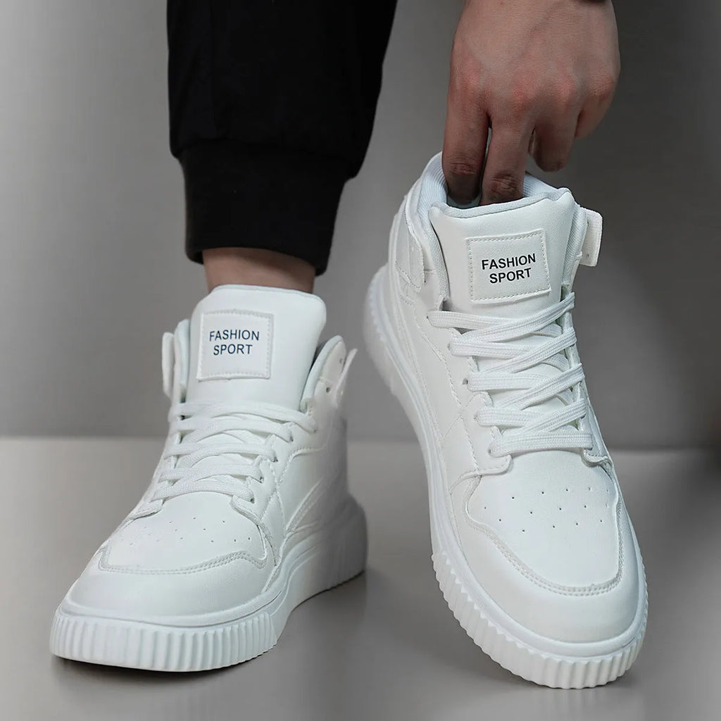 Men's white casual shoes with round toe and microfiber upper in solid color design for autumn winter leisure wear.
