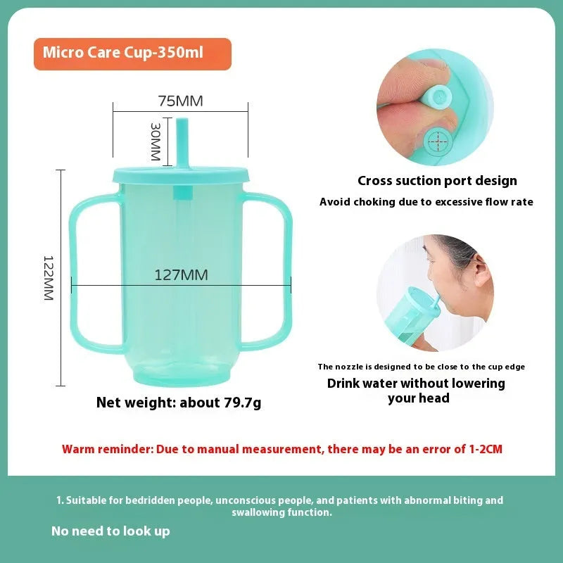 PP plastic anti-choke drinking cup with slanted mouth, handle, and lid for bed care.
