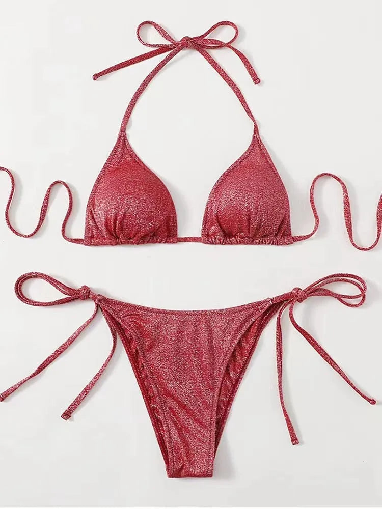 Women's split bandage bikini swimsuit in polyester fabric showing six colour options