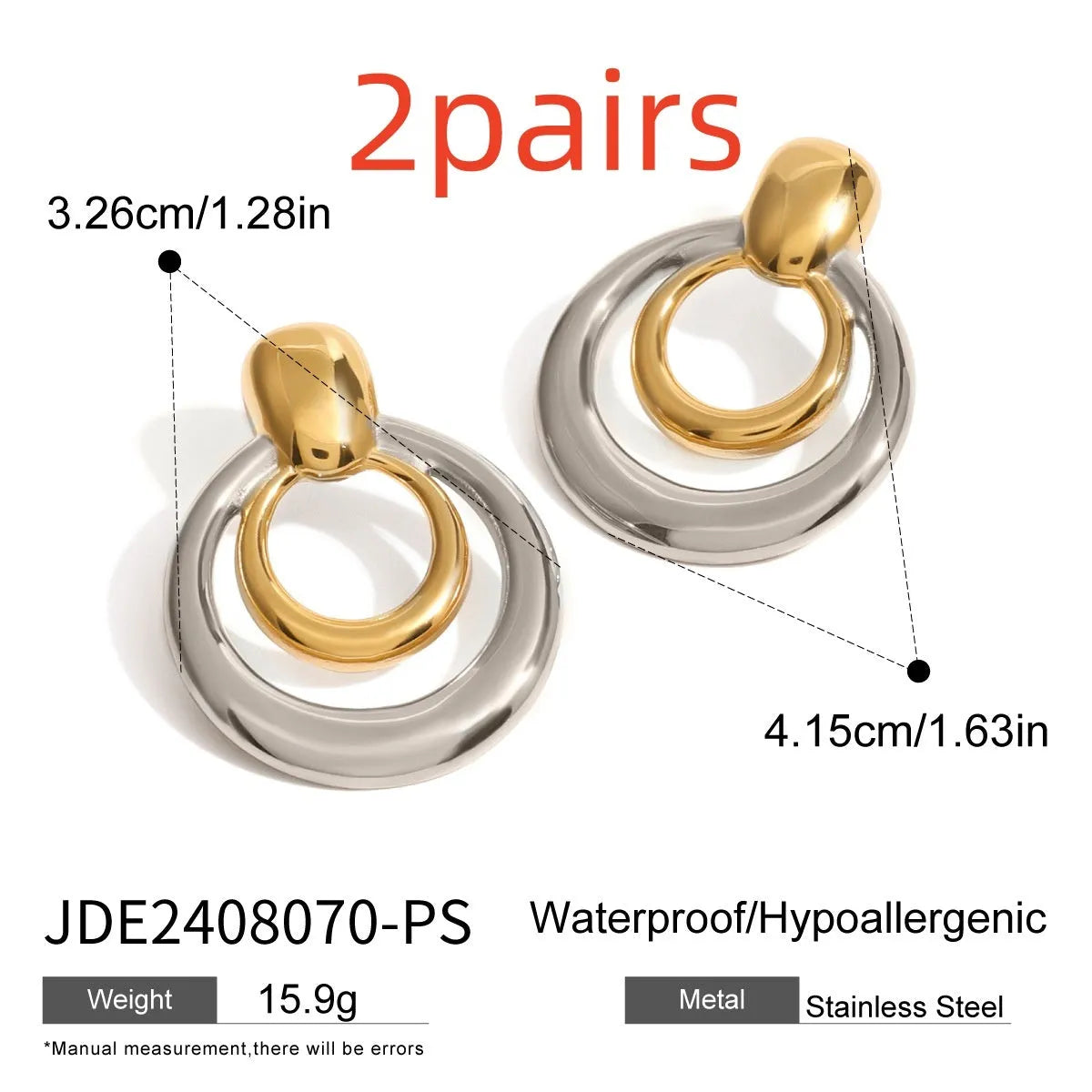 Round gold-coloured geometric hollow stud earrings on a white background.