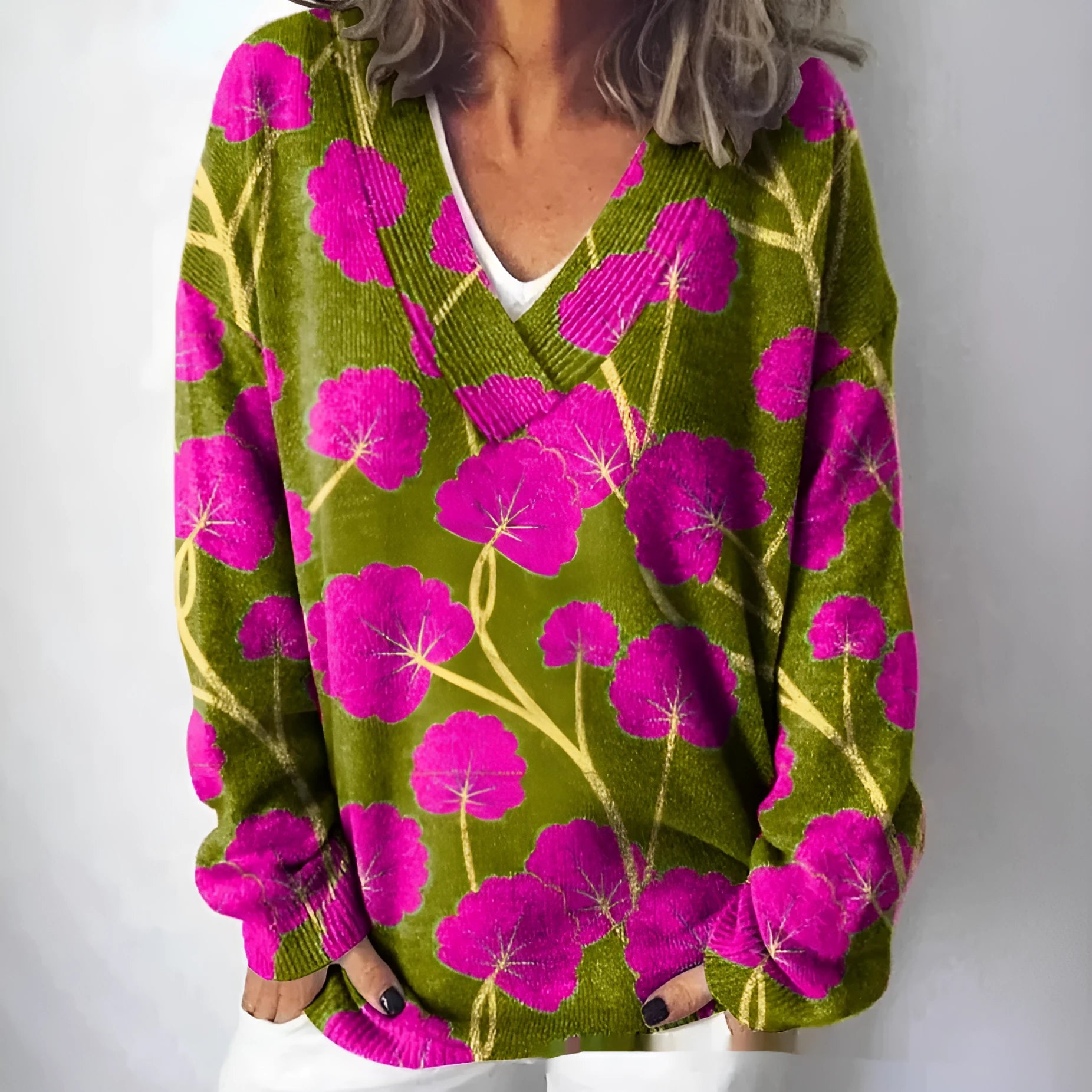Women's V-neck long sleeve sweatshirt with a detailed 3D floral pattern print in art retro style.