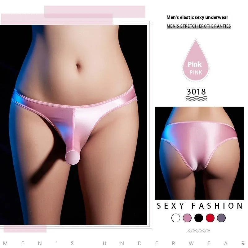 Men's low waist T-back underwear in shiny nylon fabric on a colour background showing available shades.