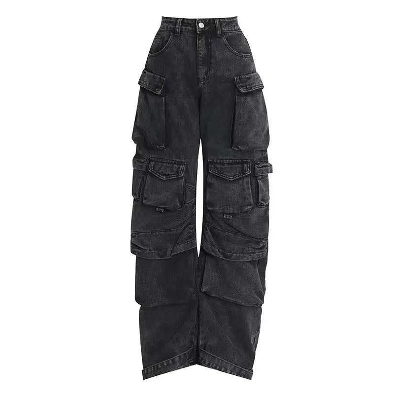 Women's high waist wide leg denim trousers with multiple pockets in tie-dyed blue colour
