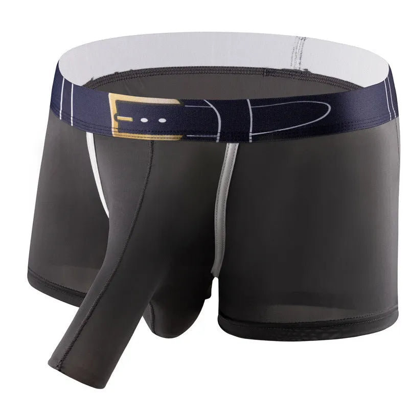 A pair of solid colour men's ice silk boxers laid flat, showing the mid waistband design.