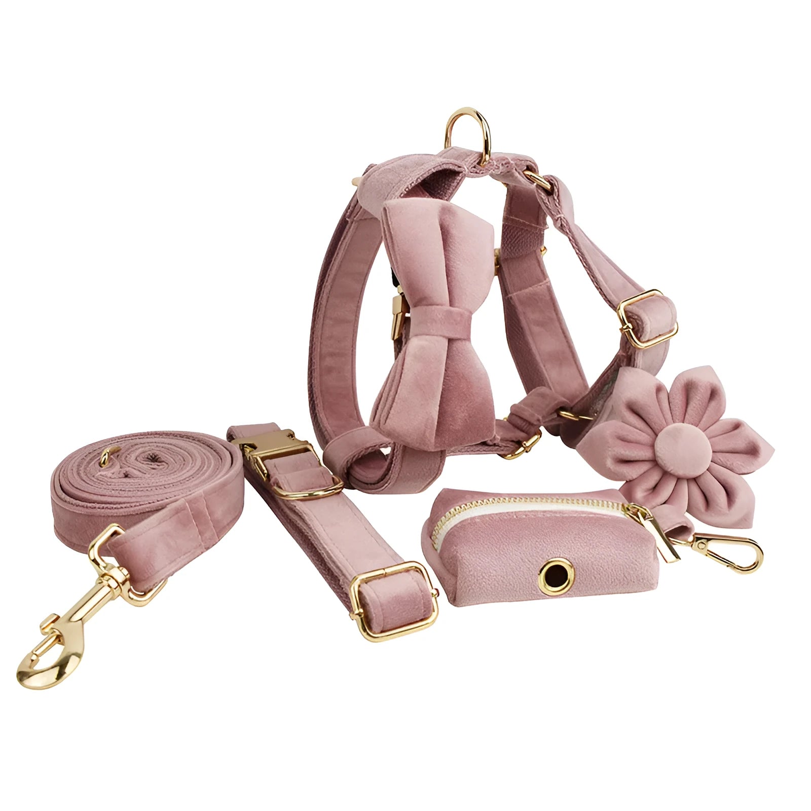 Light purple pink velvet dog collar set with leash, vest, bow, and poop bag accessories