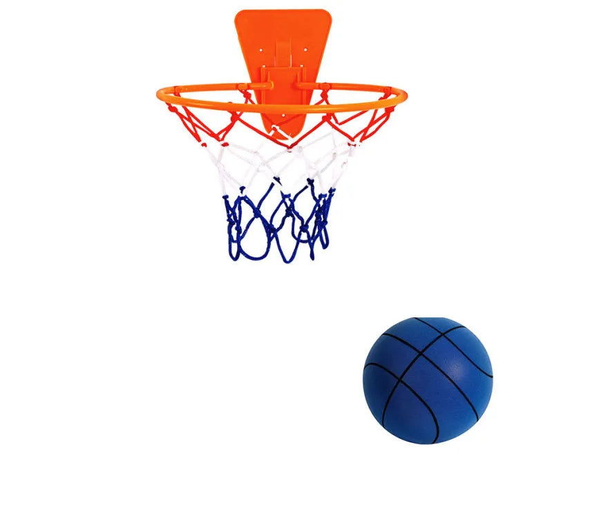 Silent high density foam sports ball in assorted bright colours next to a basketball frame.