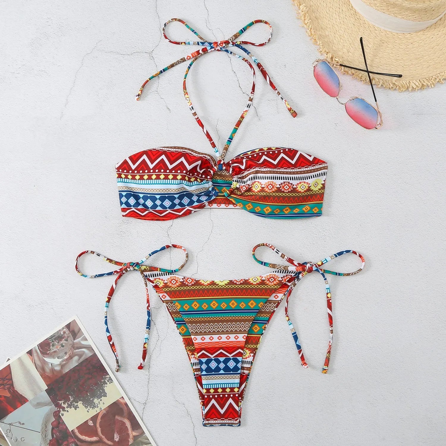 Women's halter-neck split bikini swimsuit in polyester fabric available in multiple colours