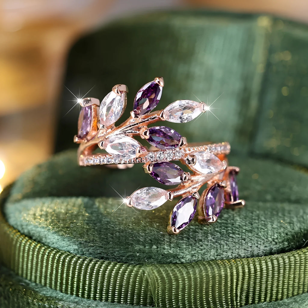 Adjustable copper leaf ring with horse eye zircon accents in multiple colour variations