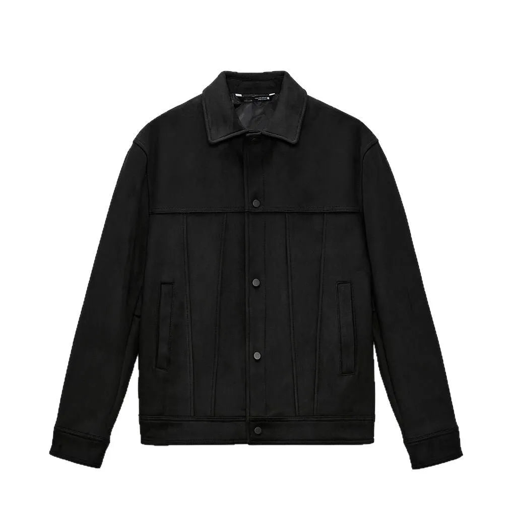 Men's black hooded casual jacket with a suede collar, shown on a model.