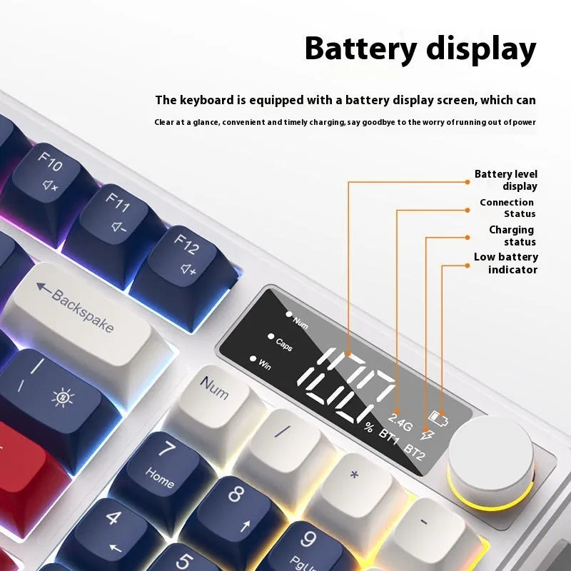 Wireless mechanical-feel keyboard and mouse in a two-tone colour option, showing Type-C cable and connectivity switches.