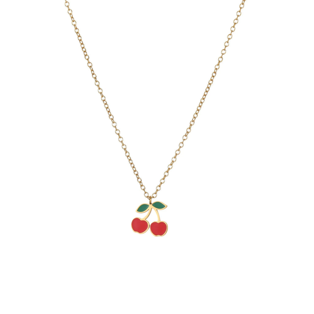 Cherry jewellery set showing necklace, bracelet, earrings and ring with geometric fruit designs on stainless steel chains